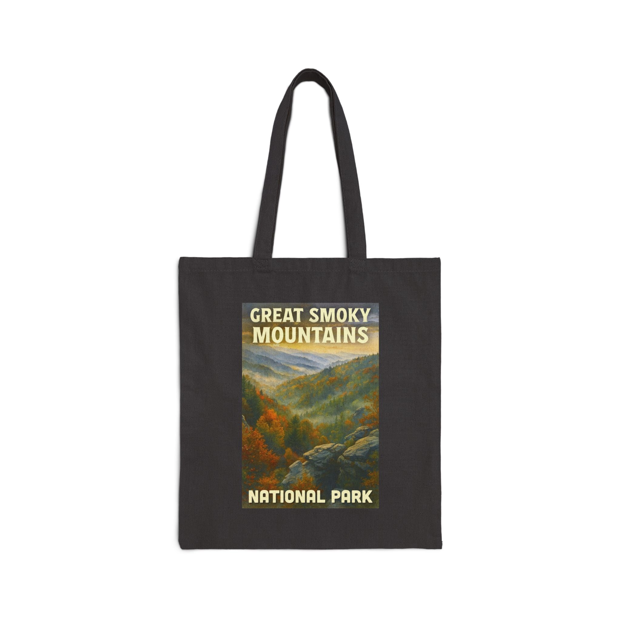 Great Smoky Mountains Fall Trees with White Lettering Tote Bag - Eco-Friendly, Great for Travel, Hiking, Beach Days, Gifts, National Park Lovers