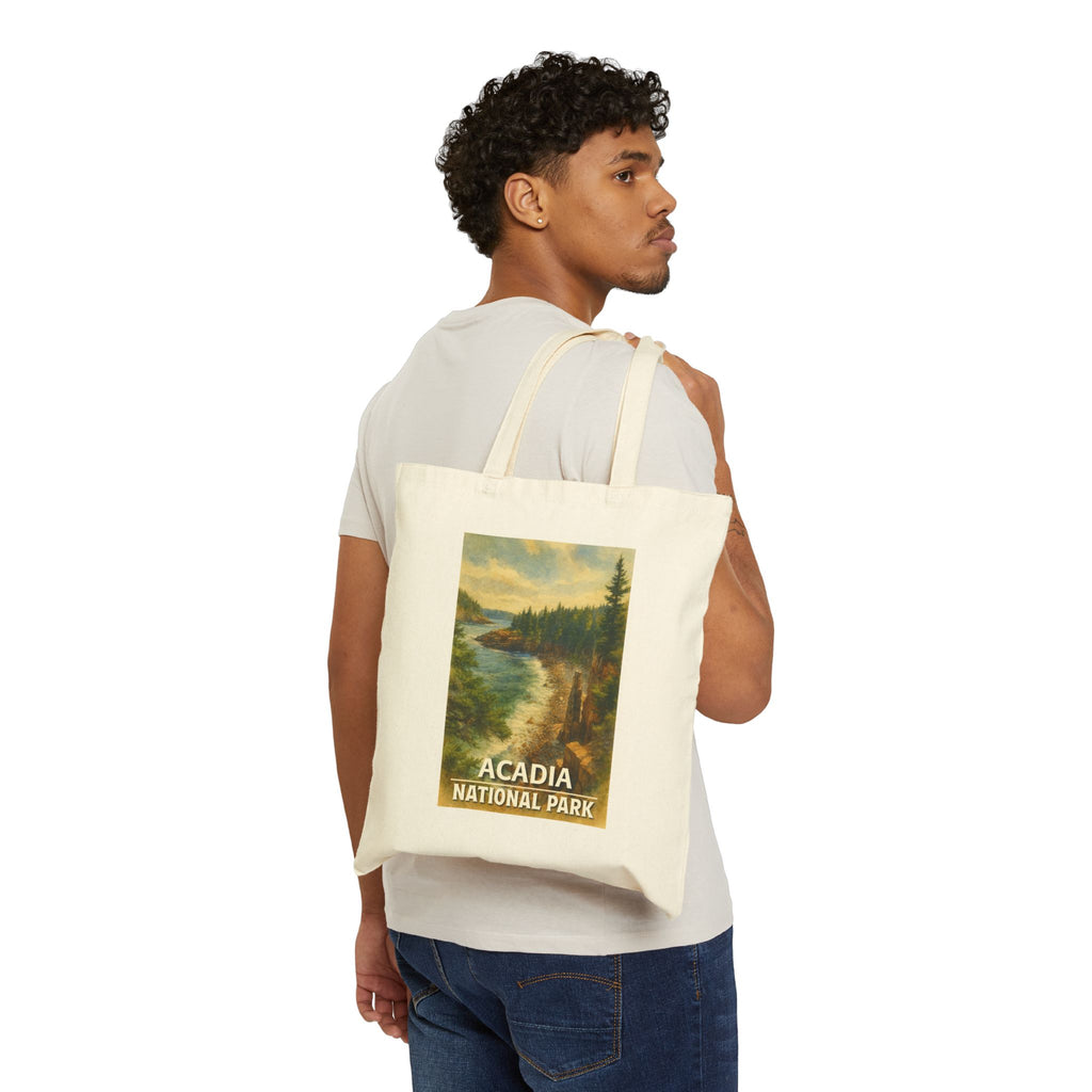 Acadia National Park Beach with Title Tote Bag, Eco-Friendly Shopper Tote, Travel Bag, Beach Bag, Gift for Nature Lovers