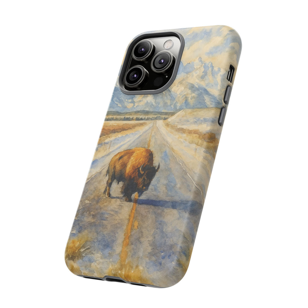 Grand Teton National Park Wild Bison Road Phone Case - Perfect Gift for Nature Lovers and Park Enthusiasts