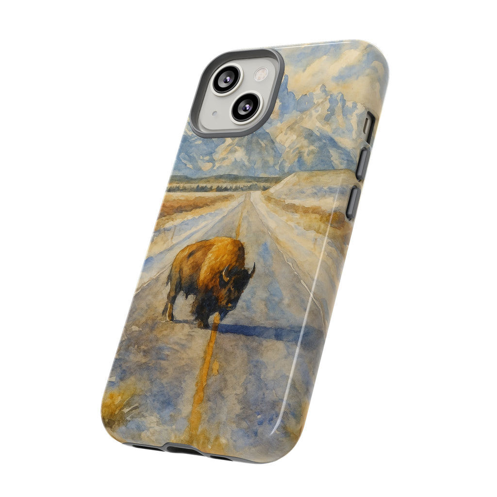 Grand Teton National Park Wild Bison Road Phone Case - Perfect Gift for Nature Lovers and Park Enthusiasts