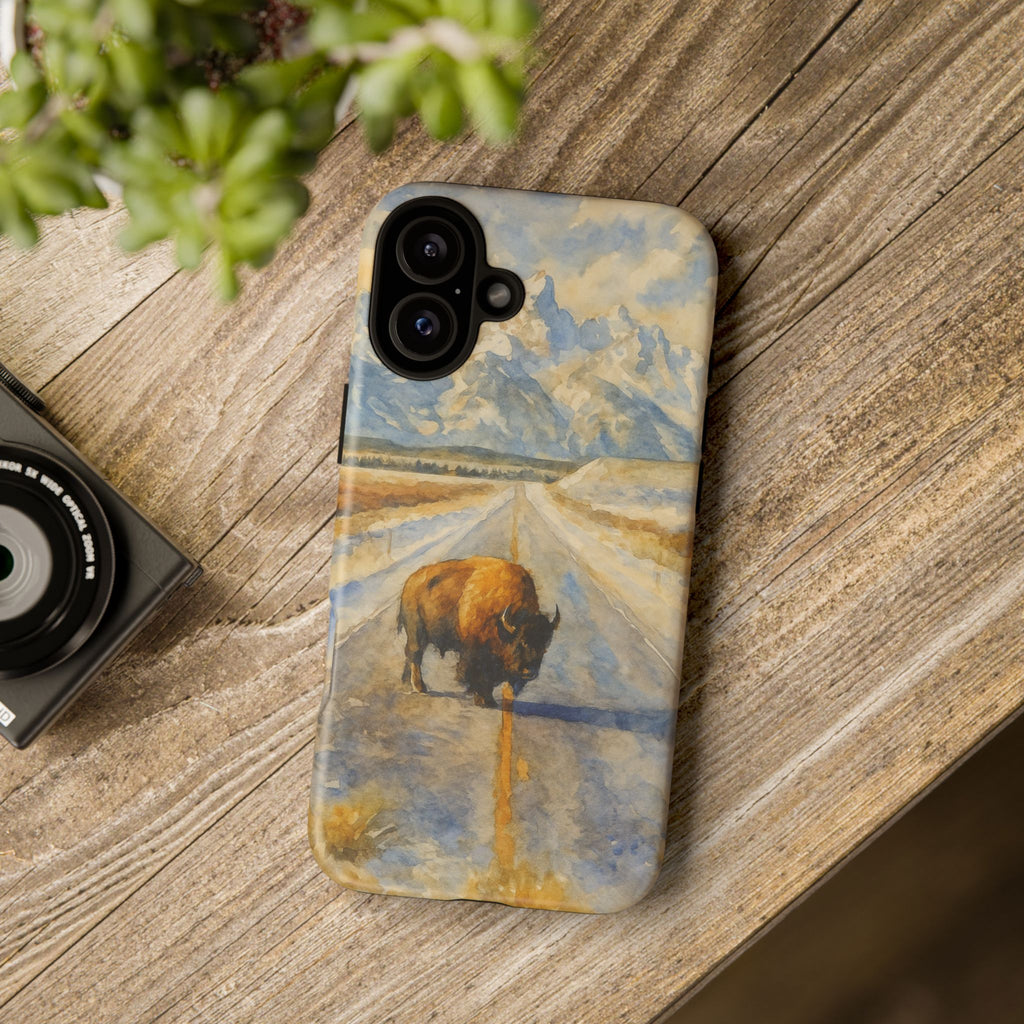 Grand Teton National Park Wild Bison Road Phone Case - Perfect Gift for Nature Lovers and Park Enthusiasts