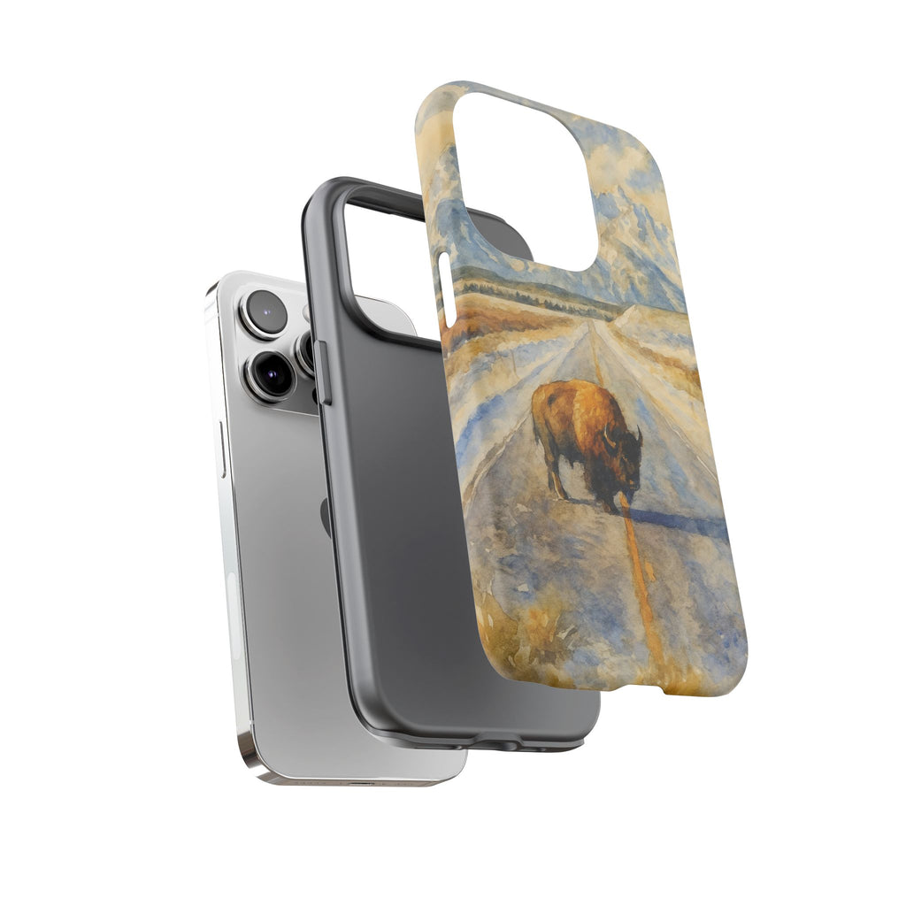 Grand Teton National Park Wild Bison Road Phone Case - Perfect Gift for Nature Lovers and Park Enthusiasts