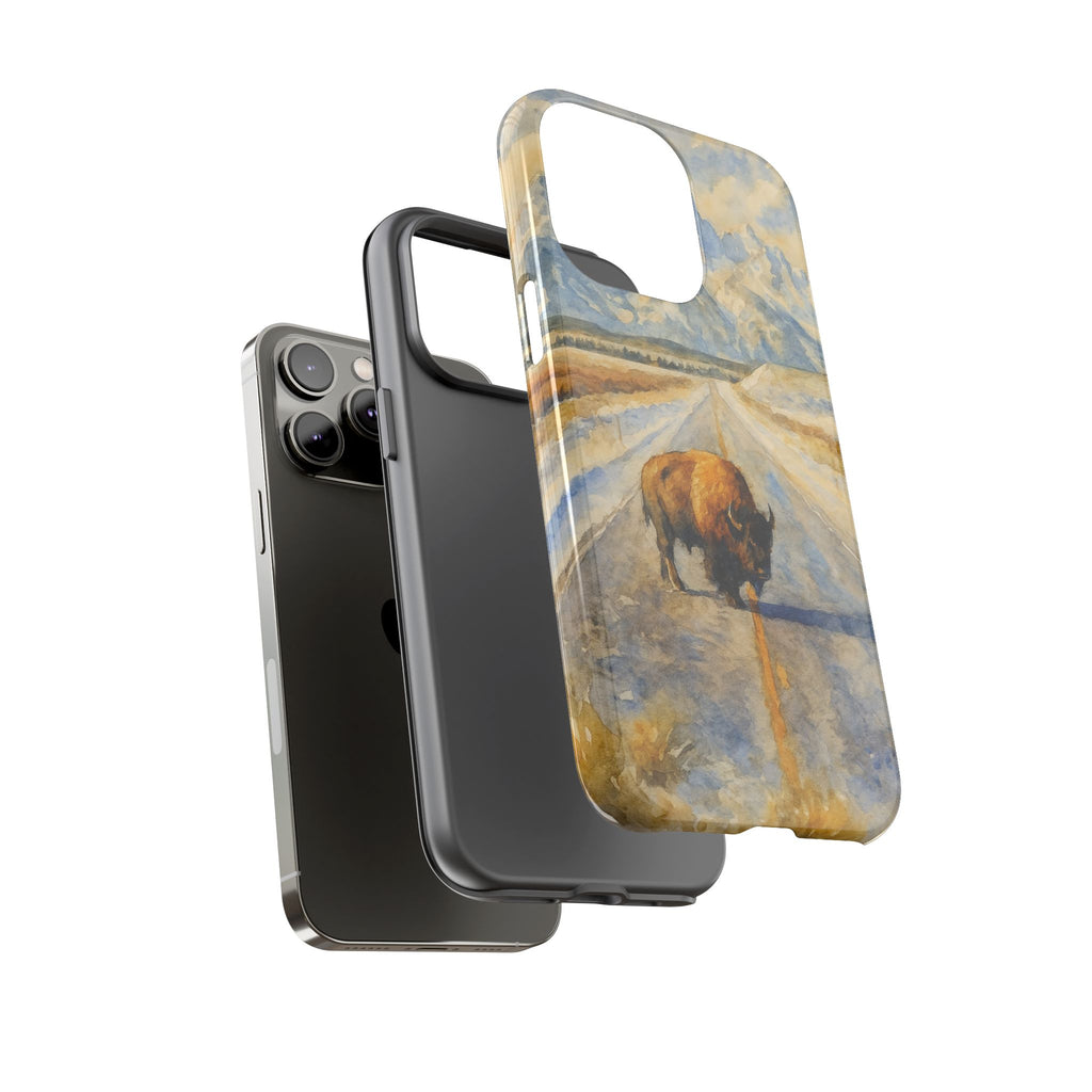 Grand Teton National Park Wild Bison Road Phone Case - Perfect Gift for Nature Lovers and Park Enthusiasts