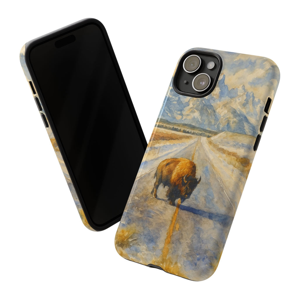 Grand Teton National Park Wild Bison Road Phone Case - Perfect Gift for Nature Lovers and Park Enthusiasts
