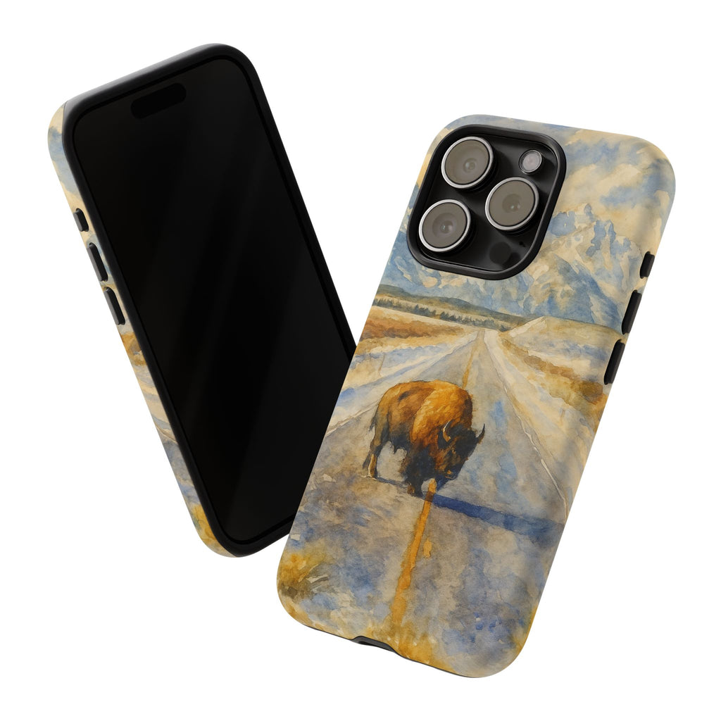 Grand Teton National Park Wild Bison Road Phone Case - Perfect Gift for Nature Lovers and Park Enthusiasts