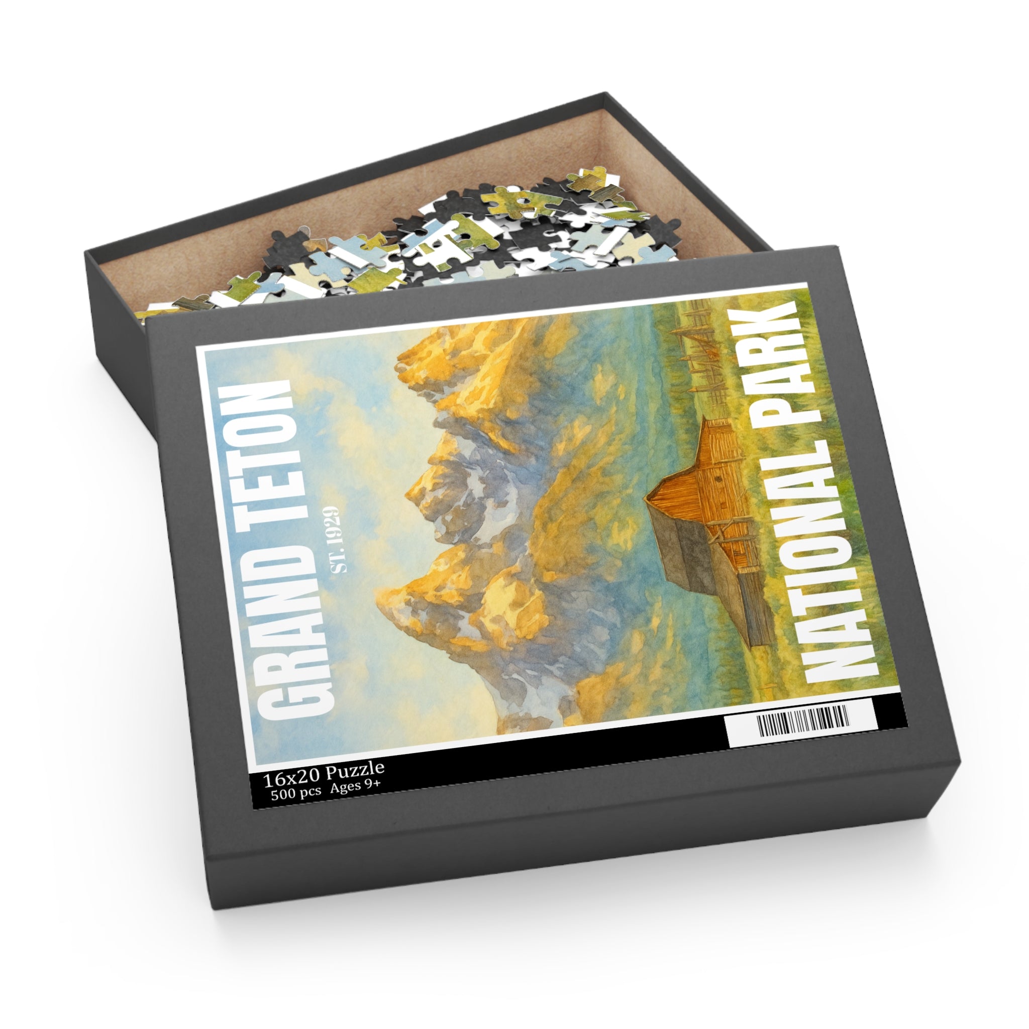 Grand Teton National Park 500-Piece Puzzle Watercolor Painting TA Moulton Barn