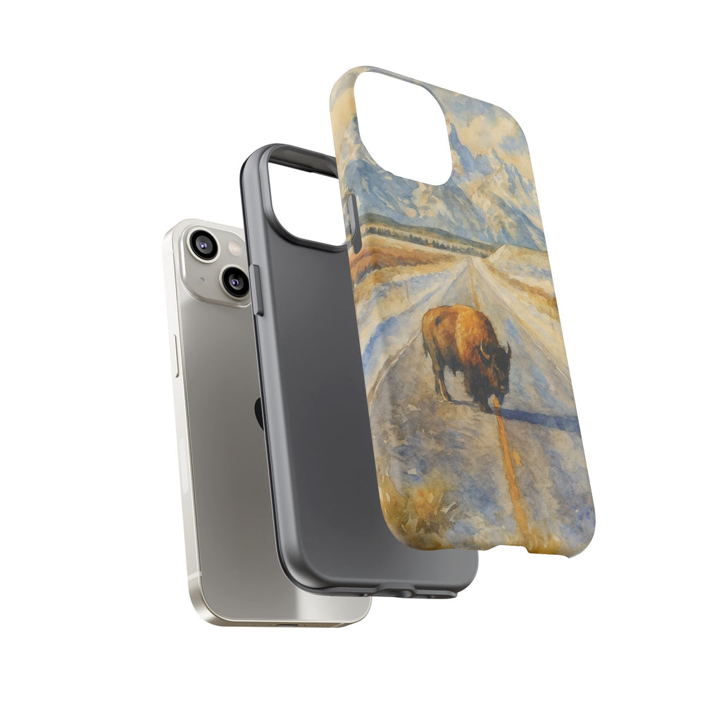 Grand Teton National Park Wild Bison Road Phone Case - Perfect Gift for Nature Lovers and Park Enthusiasts