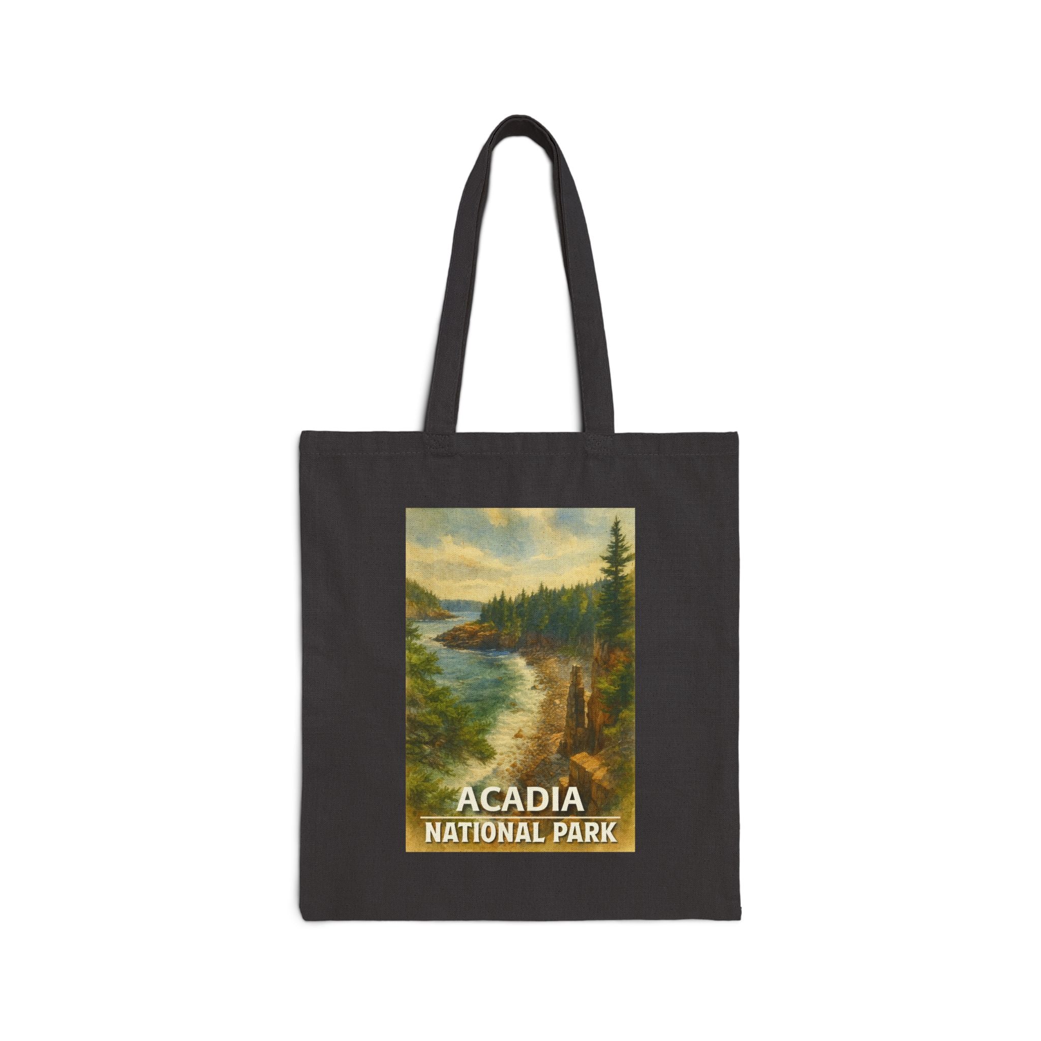 Acadia National Park Beach with Title Tote Bag, Eco-Friendly Shopper Tote, Travel Bag, Beach Bag, Gift for Nature Lovers