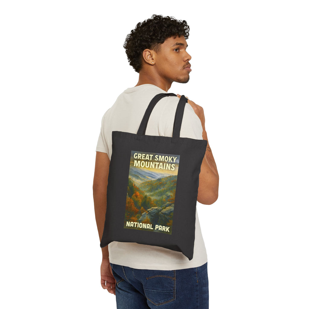 Great Smoky Mountains Fall Trees with White Lettering Tote Bag - Eco-Friendly, Great for Travel, Hiking, Beach Days, Gifts, National Park Lovers