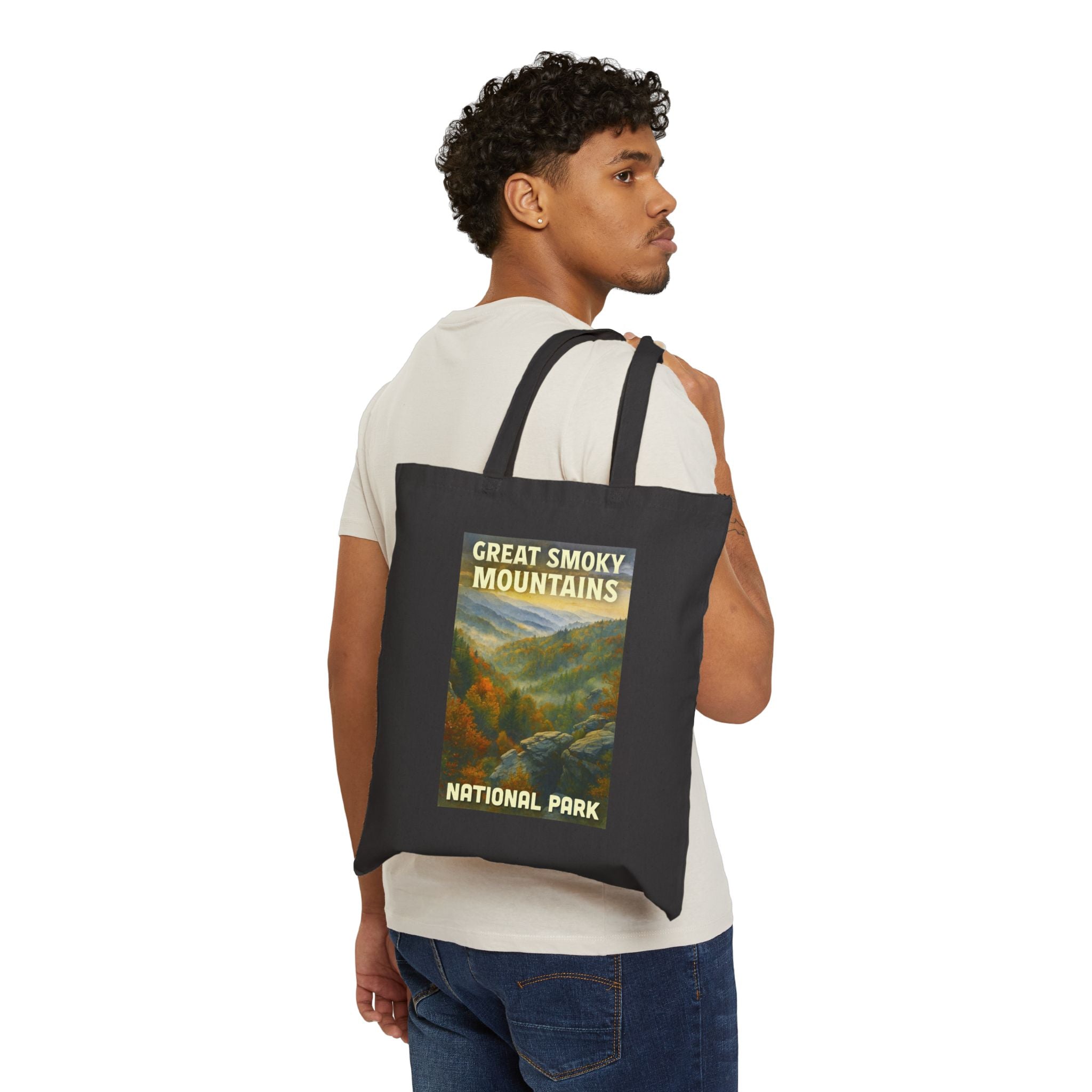 Great Smoky Mountains Fall Trees with White Lettering Tote Bag - Eco-Friendly, Great for Travel, Hiking, Beach Days, Gifts, National Park Lovers