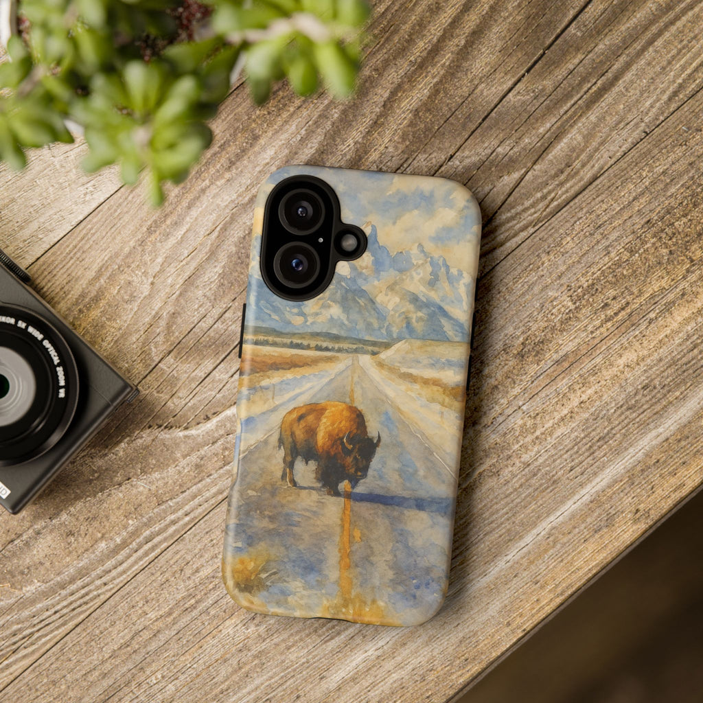 Grand Teton National Park Wild Bison Road Phone Case - Perfect Gift for Nature Lovers and Park Enthusiasts