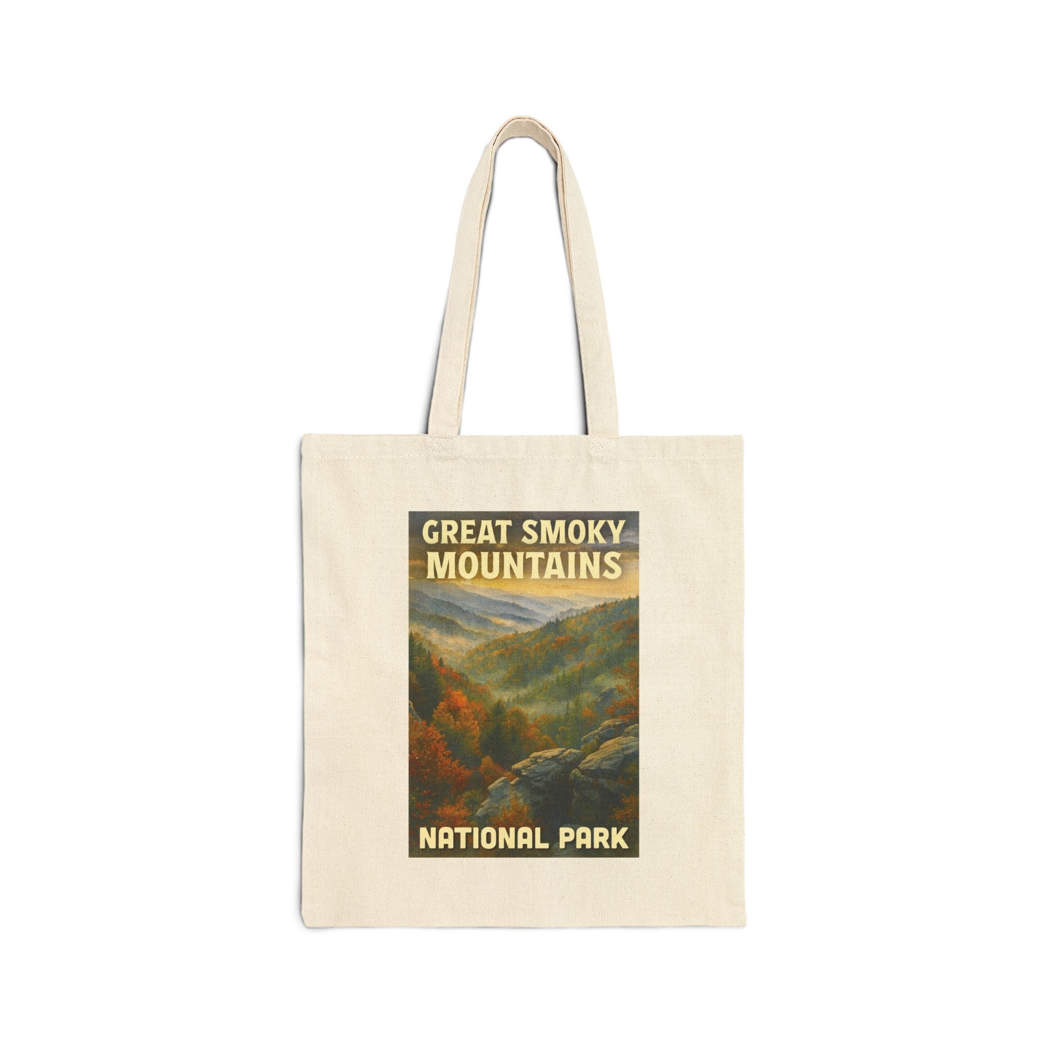 Great Smoky Mountains Fall Trees with White Lettering Tote Bag - Eco-Friendly, Great for Travel, Hiking, Beach Days, Gifts, National Park Lovers