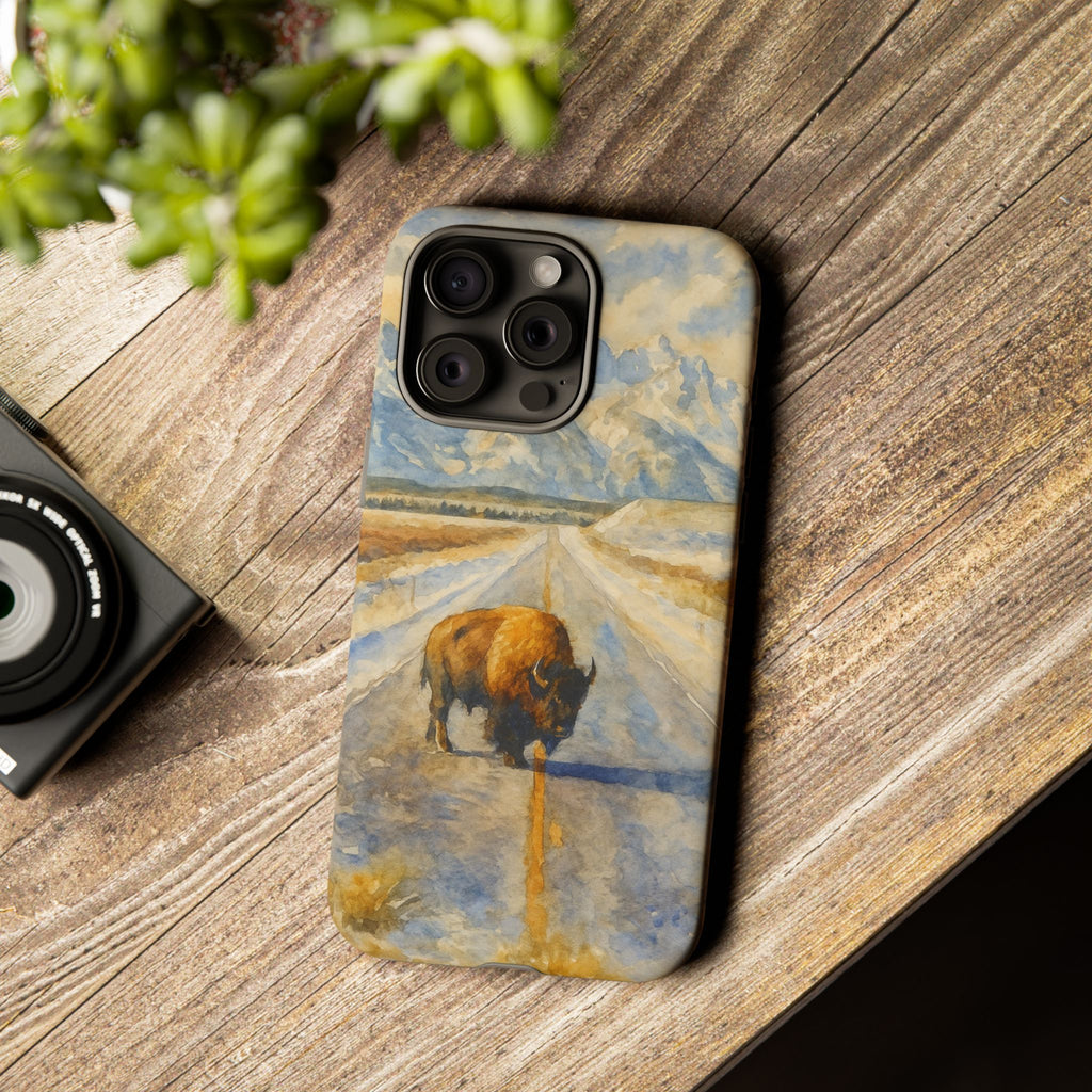 Grand Teton National Park Wild Bison Road Phone Case - Perfect Gift for Nature Lovers and Park Enthusiasts