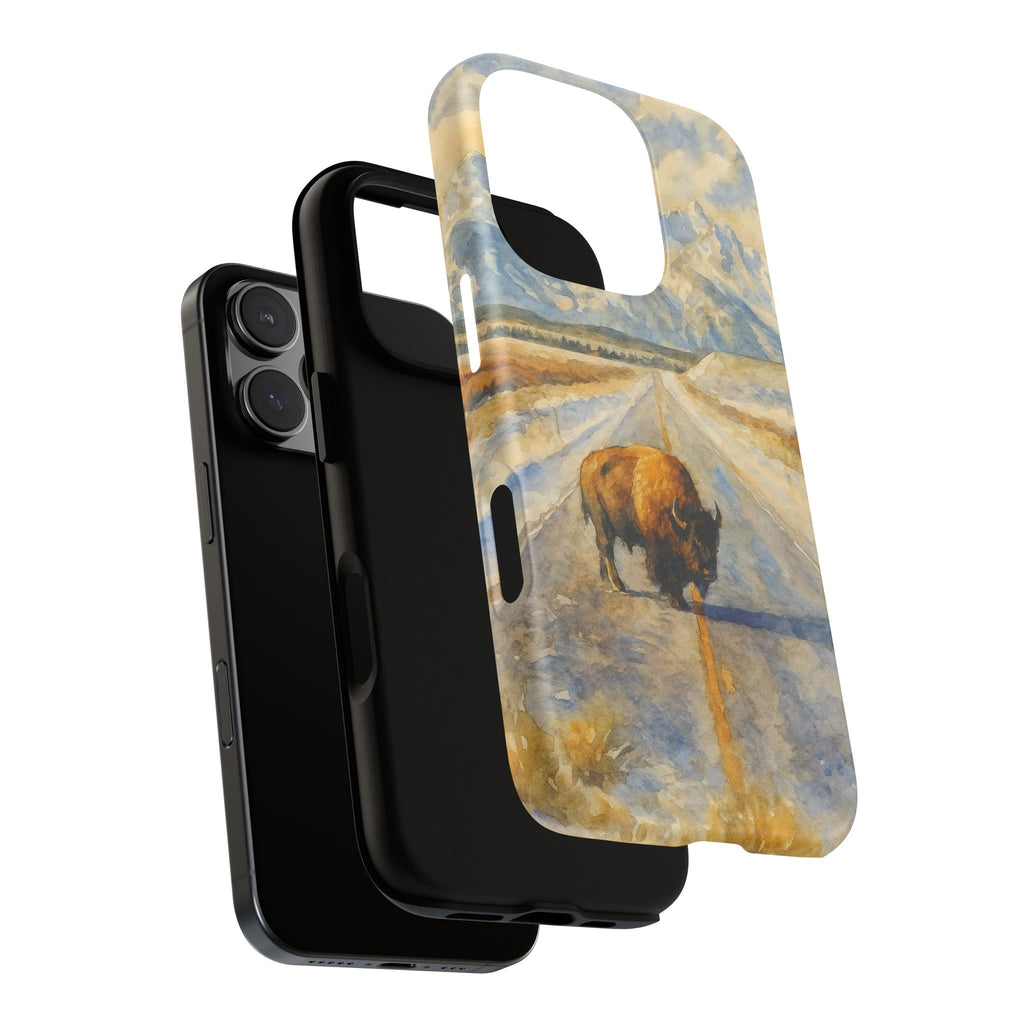 Grand Teton National Park Wild Bison Road Phone Case - Perfect Gift for Nature Lovers and Park Enthusiasts