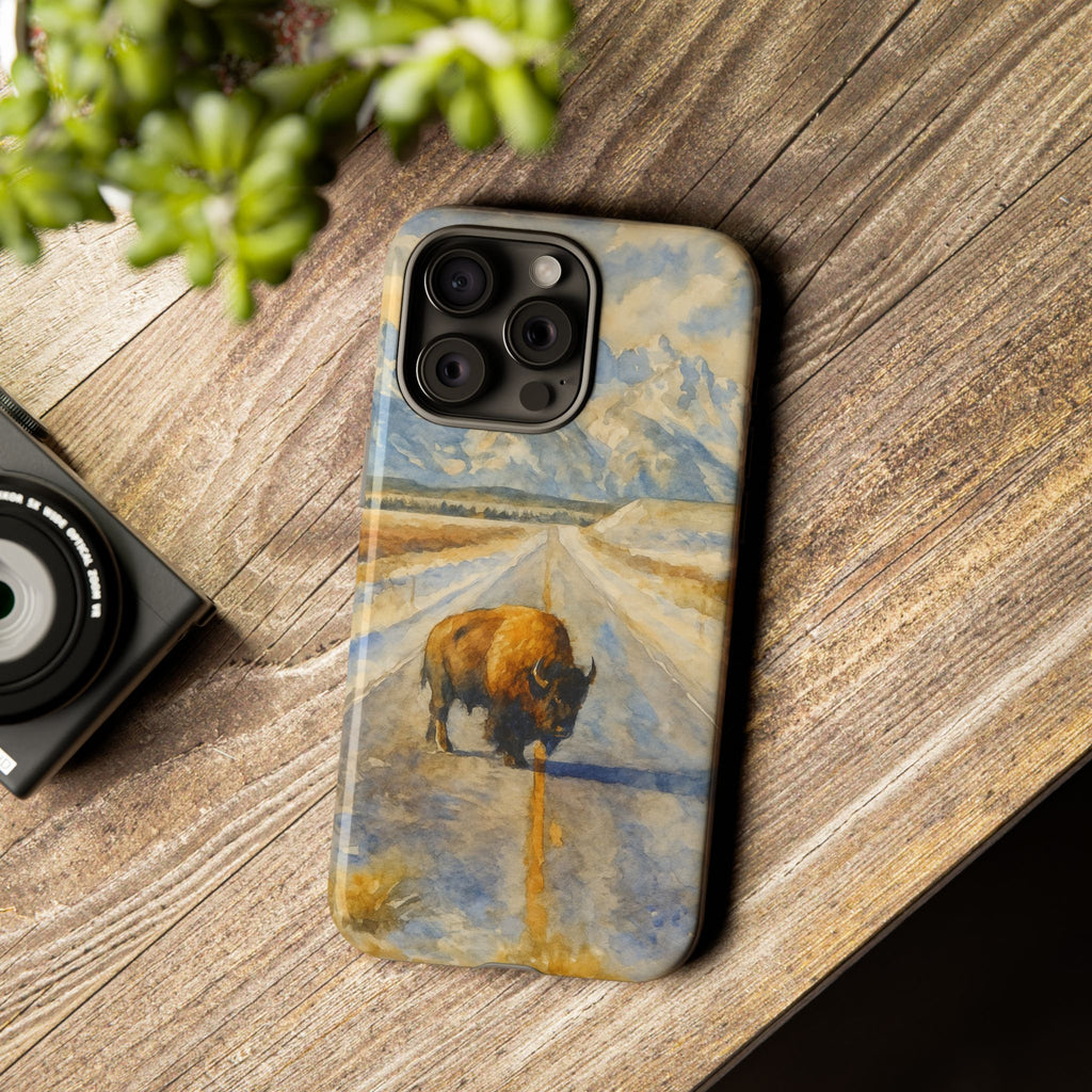 Grand Teton National Park Wild Bison Road Phone Case - Perfect Gift for Nature Lovers and Park Enthusiasts