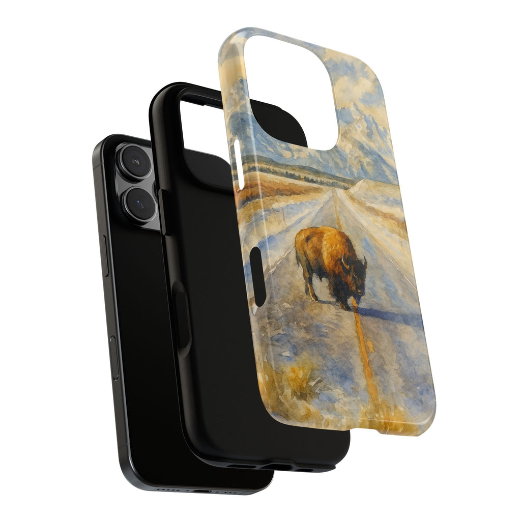 Grand Teton National Park Wild Bison Road Phone Case - Perfect Gift for Nature Lovers and Park Enthusiasts