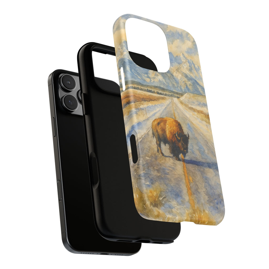 Grand Teton National Park Wild Bison Road Phone Case - Perfect Gift for Nature Lovers and Park Enthusiasts