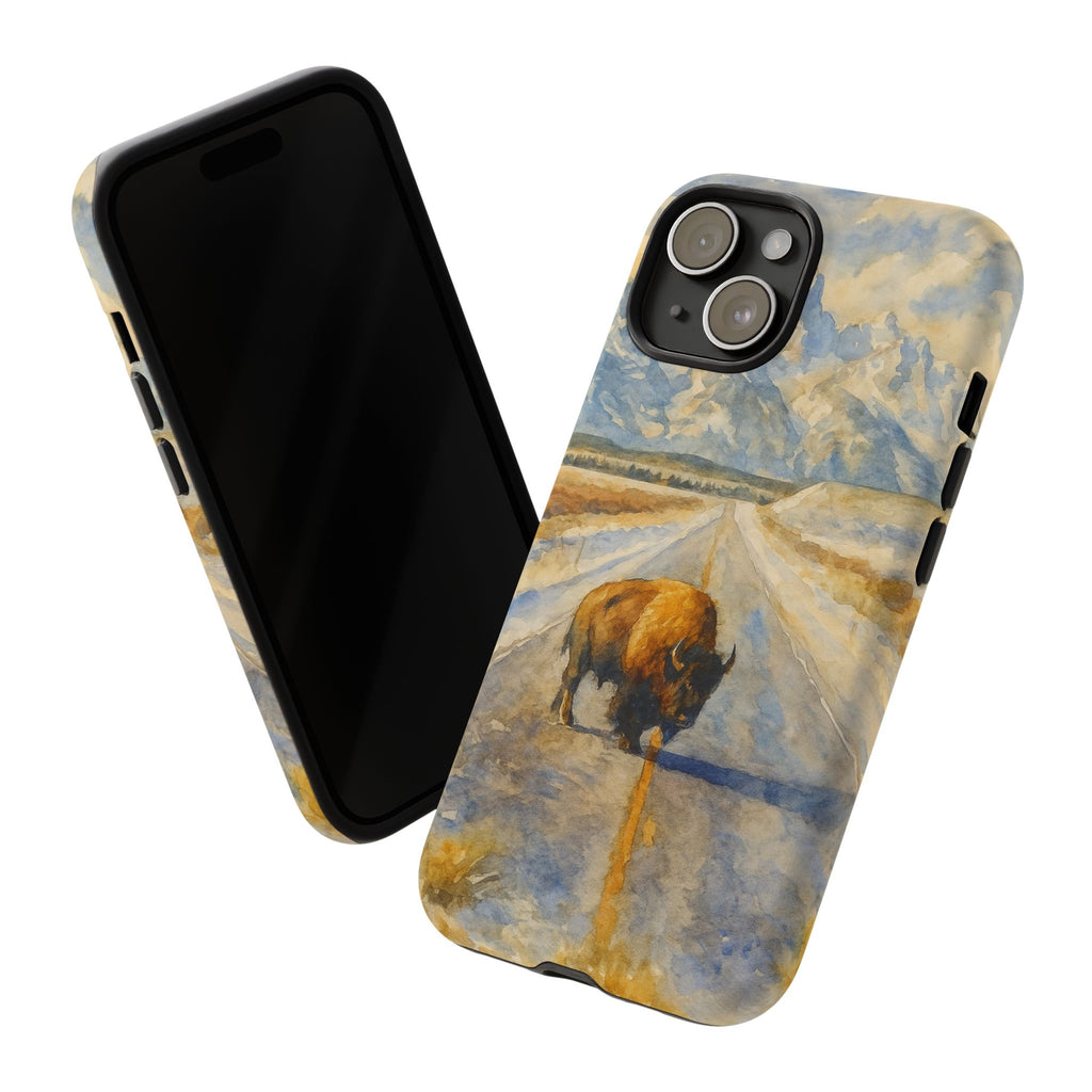 Grand Teton National Park Wild Bison Road Phone Case - Perfect Gift for Nature Lovers and Park Enthusiasts