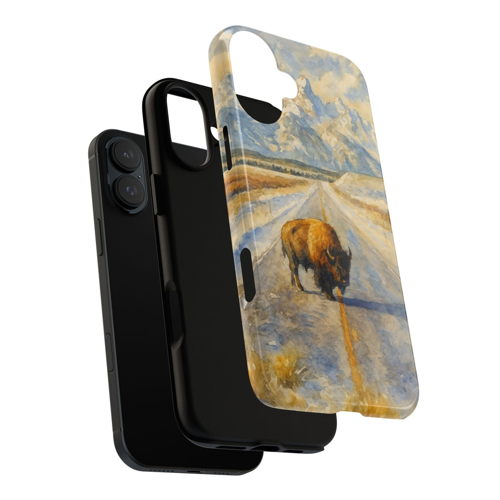 Grand Teton National Park Wild Bison Road Phone Case - Perfect Gift for Nature Lovers and Park Enthusiasts