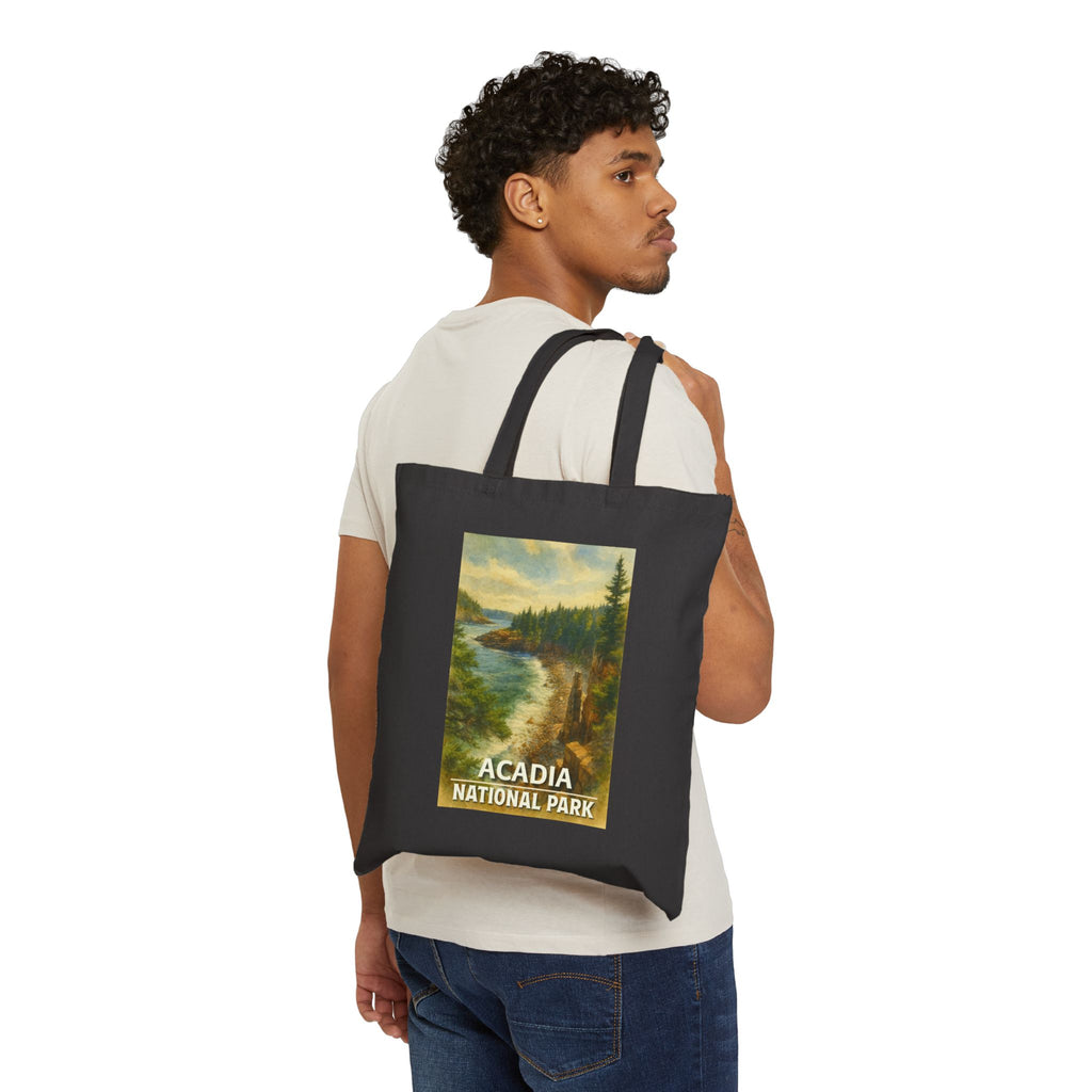 Acadia National Park Beach with Title Tote Bag, Eco-Friendly Shopper Tote, Travel Bag, Beach Bag, Gift for Nature Lovers